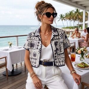 Tullea Palm‎ Tree Linen Blend Crop Top Y2K S Boho Coastal Tropical Resort